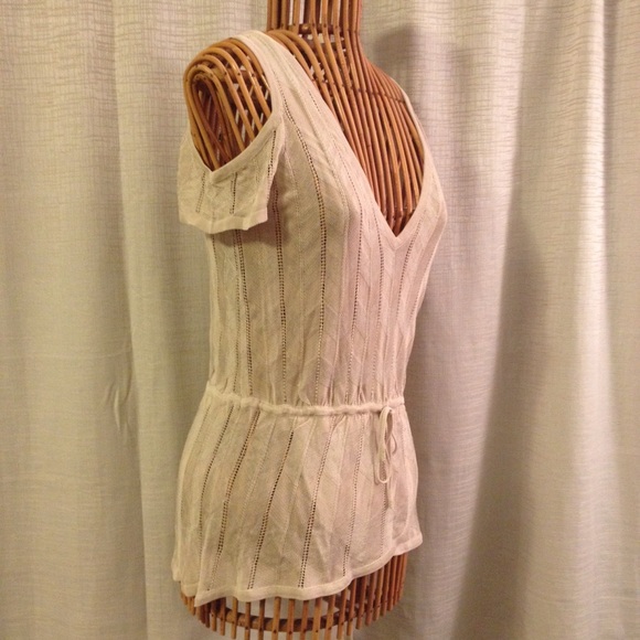 BEBE Wrap Hem Cold Shoulder Sweater Top in Sand - Picture 2 of 4